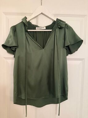 Amanda Uprichard Olive Satin V-Neck Blouse - Size Small